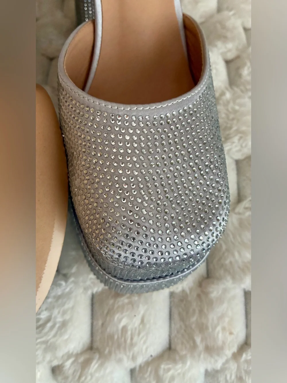 Silver Rhinestone Platform Block Heels with Ankle Strap